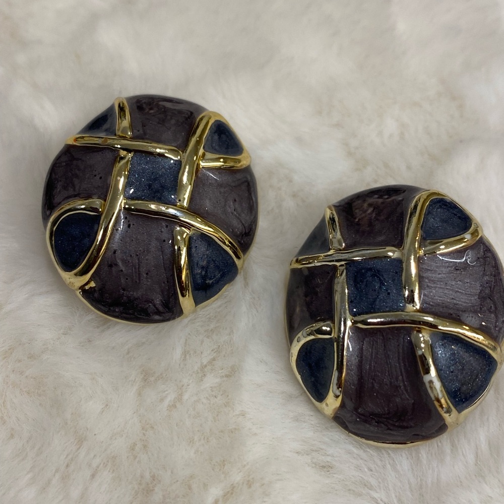 NAVY BLUE AND PURPLE VINTAGE CLIP ON EARRNGS - COSTUME JEWELRY